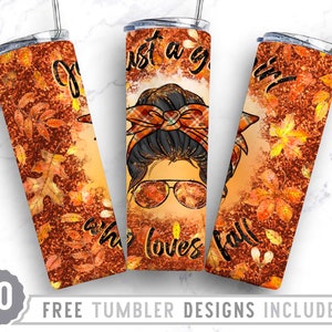 20oz Just a Girl Who Loves Fall Skinny Tumbler Sublimation Png, Pumpkin, Autumn, Fall Vibes, Hello Fall, Thanksgiving, Sublimation, Png
