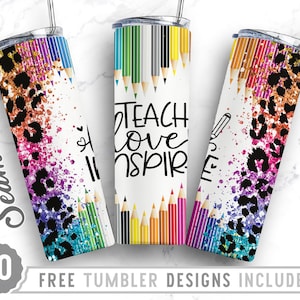 20oz mager Tumbler ontwerp sublimatie sjabloon Teach Love Inspire, potloodsublimatie, luipaard, wrap sublimatie rechte en taps toelopende tuimelaar, PNG