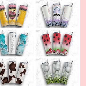 May include: Twenty different designs for sublimation tumblers. The designs include a variety of themes, such as watermelon, cow print, golf balls, and glitter. The tumblers are all white and have a stainless steel lid.