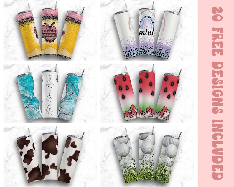May include: Twenty different designs for sublimation tumblers. The designs include a variety of themes, such as watermelon, cow print, golf balls, and glitter. The tumblers are all white and have a stainless steel lid.