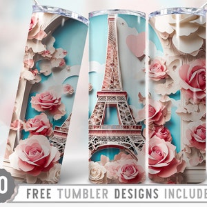 Sublimación de vaso flaco Eiffel de 20 oz Png, envoltura de vaso Eiffel, rosas rosadas de la Torre Eiffel 3d, vaso de flores Png, diseño de vaso recto y cónico