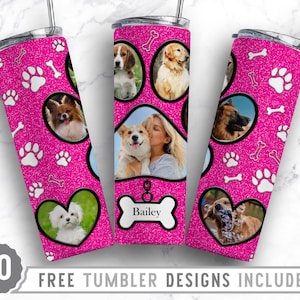 20oz Dog Paw Photo Frame Skinny Tumbler Sublimation Png, Dog Memorial Picture, Collage, Glitter, Png, Straight &Tapered Tumbler Png Design