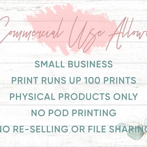 May include: A white wood background with a pink watercolor wash at the top. The text "Commercial Use Allowed" is written in cursive script. Below the text are five lines of text in teal: "Small Business", "Print Runs Up 100 Prints", "Physical Products Only", "No POD Printing", and "No Re-Selling or File Sharing".