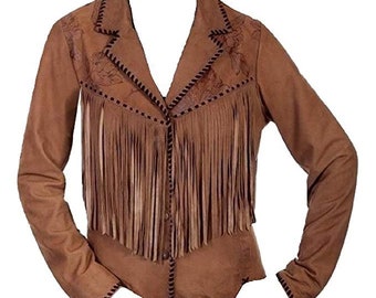 Leatheray Women Western Style Fringe & Bones Suede Leather Jacket Brown, Excellent Quality, Xs-5xl