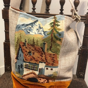 upcycled canvas tote bag with mountain landscape