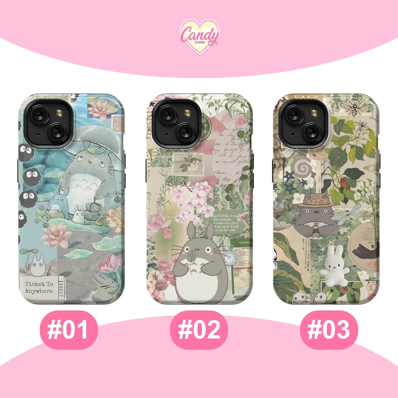 Funda para móvil con collage de inspiración japonesa, estilo Ghibli, resistente, con diseño de Totoro, ideal para iPhone 11, 15, 16 Plus, Pro Max, Galaxy S25 y Pixel 8/9. imagen 2