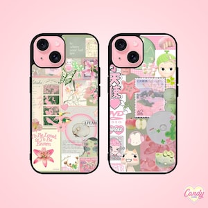 K&ouml;nnte beinhalten: Zwei Handyh&uuml;llen mit einem rosa-schwarzen Design. Die H&uuml;llen zeigen eine Collage von Bildern, darunter Blumen, Schmetterlinge und Text. Eine H&uuml;lle hat den Text "To Be Loved is To Be Known". Die andere H&uuml;lle hat japanischen Text und eine Briefmarke.