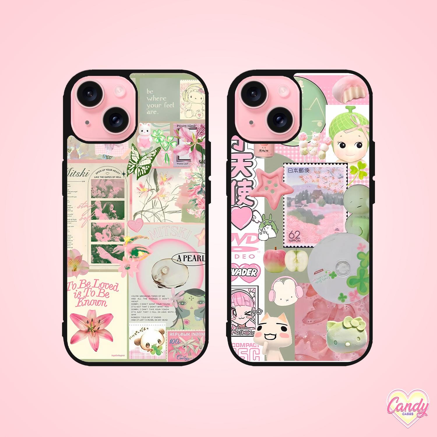 Cute Phone Case Japanese Aesthetic MoodBoard Case Collage Pink and Green Girly Cover for iPhone 16 13 11 Pro Samsung Galaxy S25 24 Pixel 8 9