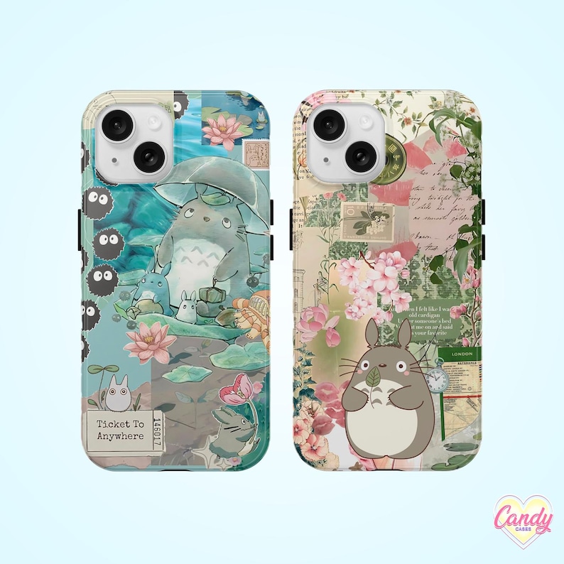 Funda para móvil con collage de inspiración japonesa, estilo Ghibli, resistente, con diseño de Totoro, ideal para iPhone 11, 15, 16 Plus, Pro Max, Galaxy S25 y Pixel 8/9. imagen 1