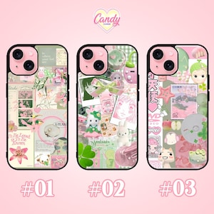 K&ouml;nnte beinhalten: Drei Handyh&uuml;llen mit schwarzen Rahmen und rosa Kamerageh&auml;usen. Jede H&uuml;lle hat ein Collage-Design mit rosa, gr&uuml;nen und wei&szlig;en Elementen, darunter Illustrationen, Text und kleine Figuren. Die H&uuml;llen sind mit #01, #02 und #03 nummeriert.