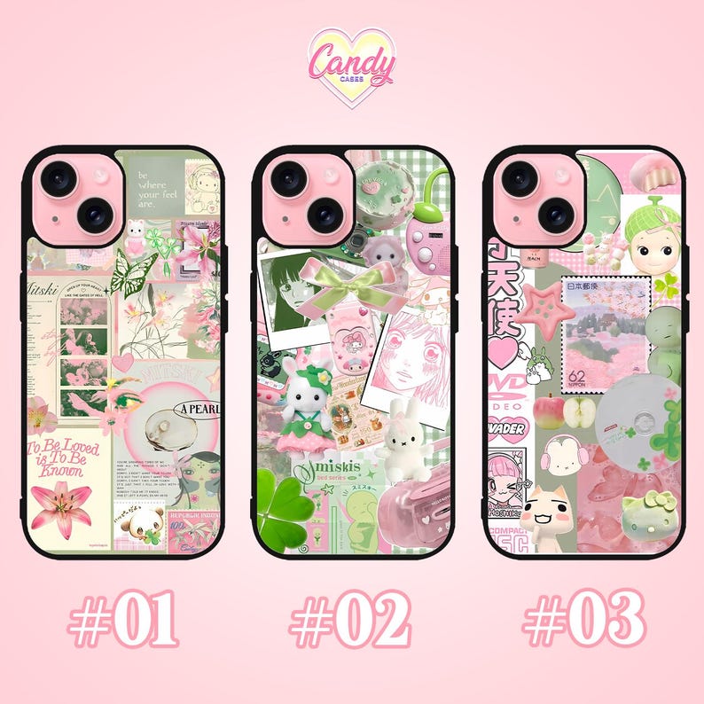 K&ouml;nnte beinhalten: Drei Handyh&uuml;llen mit schwarzen Rahmen und rosa Kamerageh&auml;usen. Jede H&uuml;lle hat ein Collage-Design mit rosa, gr&uuml;nen und wei&szlig;en Elementen, darunter Illustrationen, Text und kleine Figuren. Die H&uuml;llen sind mit #01, #02 und #03 nummeriert.