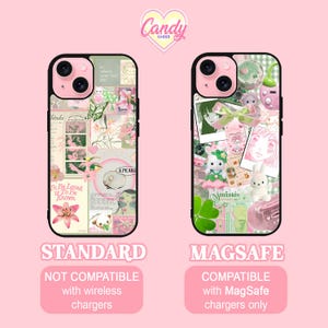 K&ouml;nnte beinhalten: Zwei Handyh&uuml;llen mit rosa und wei&szlig;en Designs. Die "STANDARD"-H&uuml;lle zeigt eine Collage aus floralen und textlichen Elementen. Die "MAGSAFE"-H&uuml;lle zeigt eine Collage mit Illustrationen im Anime-Stil und kleinen Figuren. Die H&uuml;llen sind nicht mit kabellosen Ladeger&auml;ten kompatibel.