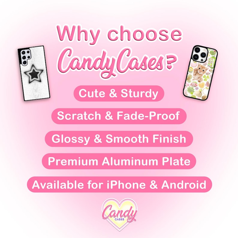 K&ouml;nnte beinhalten: Rosa Grafik mit dem Text "Warum Candy Cases w&auml;hlen?" und Produktmerkmalen. Gezeigt werden zwei Handyh&uuml;llen, eine mit Sternmuster und die andere mit Katzenmuster. Das Candy Cases Logo befindet sich unten.