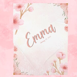 Personalized Girl&#39;s Baby Swaddle Blanket with Pink Flowers, Name, and Date - Newborn Gift, Nursery Decor, Infant Wrap, Customized Receiving