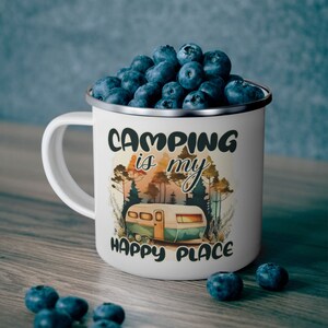Enamel Camping Mug for Coffee or Tea Lovers - Perfect for Outdoors & Travel|Unique gift, Camping is my happy place|Camper gift|Cup for camp