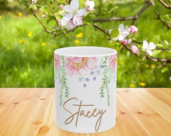 Taza de cerámica floral personalizada, taza de té con nombre personalizado
