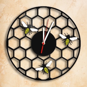 Horloge murale en forme de cellule d&#39;abeilles - Horloge disque vinyle faite main