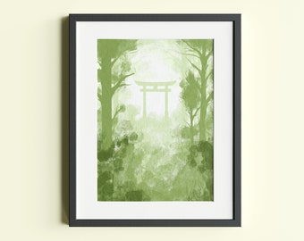 Torii Gate in a Misty Forest | Printable Wall Art | Green Gallery Wall | Asian Inspired Print | Nature Art