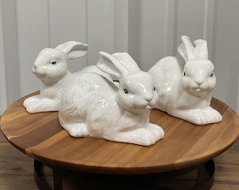 Conejitos de cerámica vintage: Juego de 3, decoración para estantería