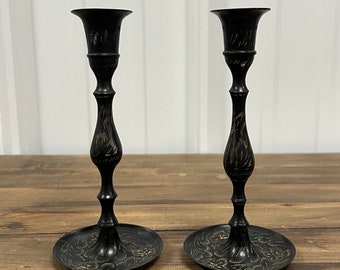 Vintage Etched Brass Candle Holders | Set of 2 | Black Taper Candle Holders | Unique Gift | Decorative Brass | Decorative Candle Holders