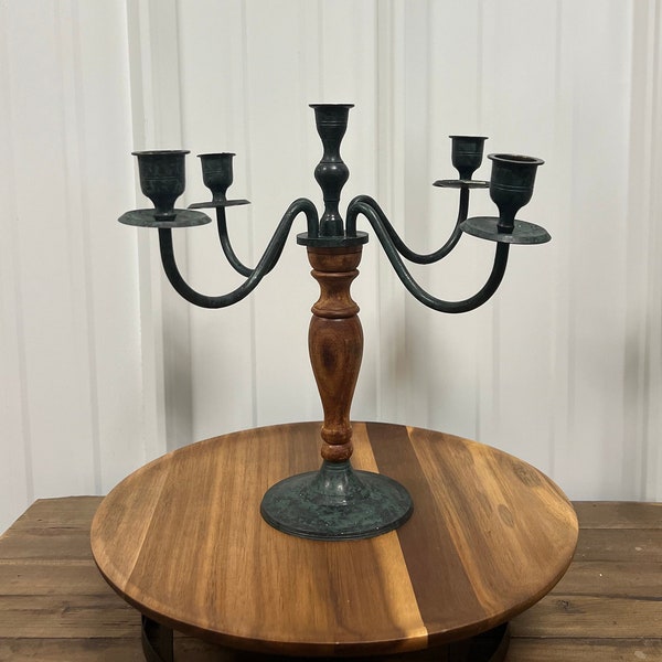 Vintage Candelabra | Emerald Green and Black Metal Wood Base | Vintage Candlestick Holders | Unique Decor Gifts