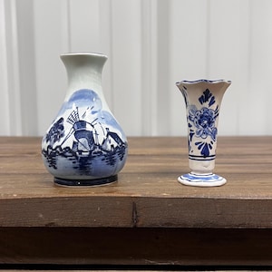 Set of 2 Vintage Delft Blue Hand-Painted Stem Vases | Vintage Holland Hand-Painted Pottery | Unique Delft Blue and White Delftware