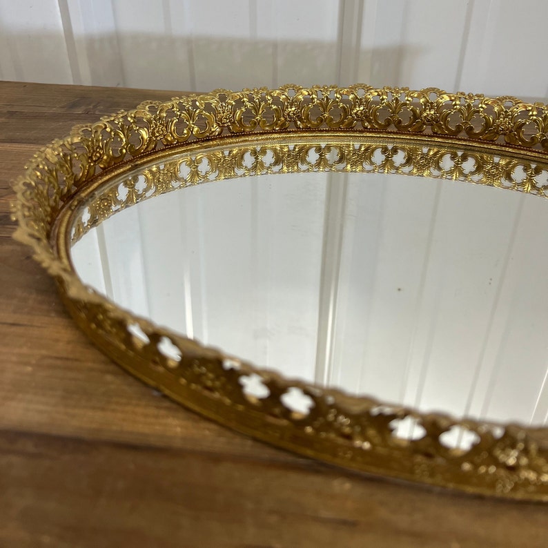 Vintage Ornate Brass Gold Mirror Tray Vintage Gold Oval Perfume Tray
