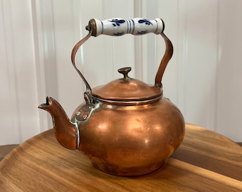 Antique Copper Tea Kettle with Blue Porcelain Handle | Copper Tea Pot | Collectible Farmhouse Primitive Colonial | Kitchen Dining Gift