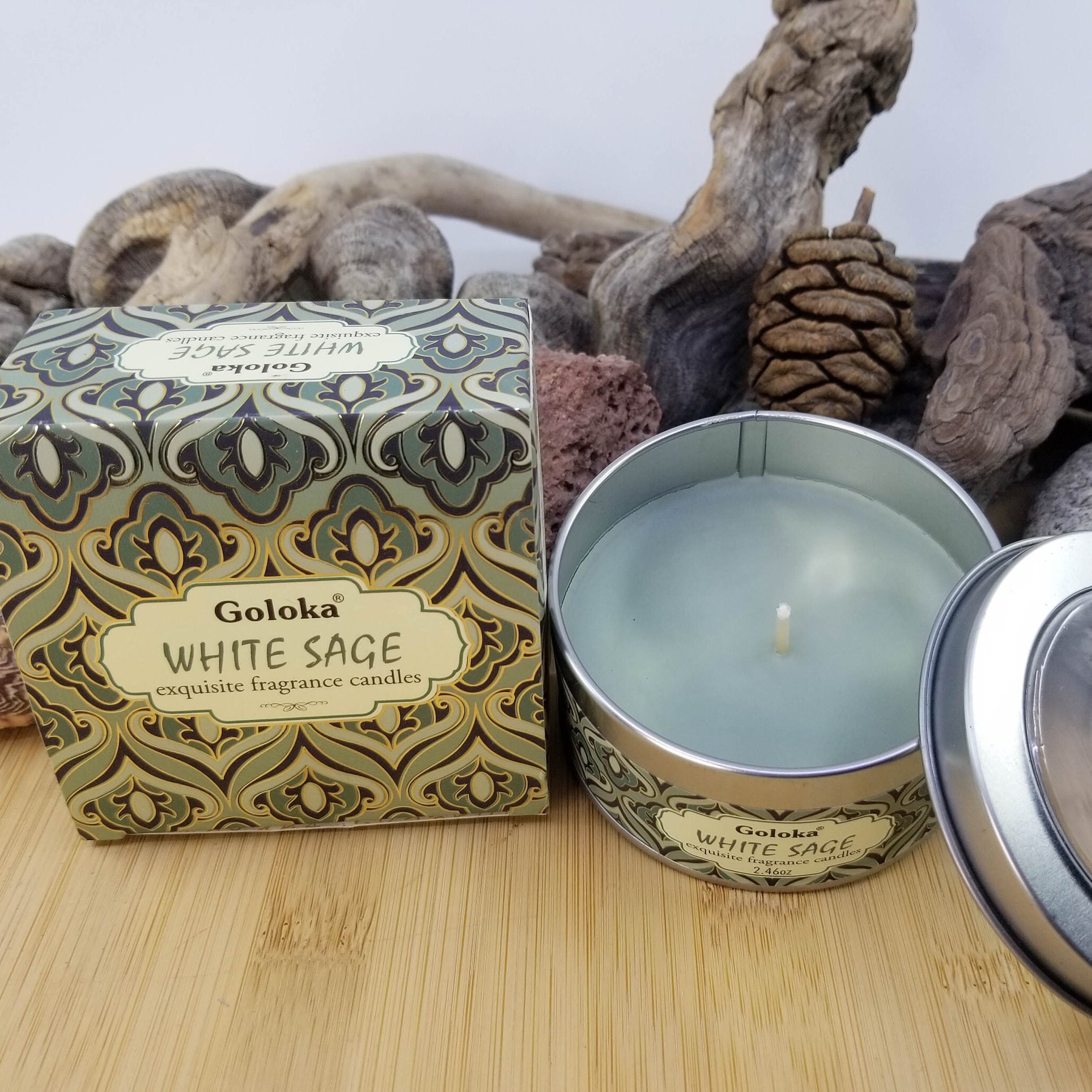 Bougie Parfumée Goloka Senteur Sauge Blanche, Cire Végétale Naturelle | Soja, Boite Métal, Meditatio