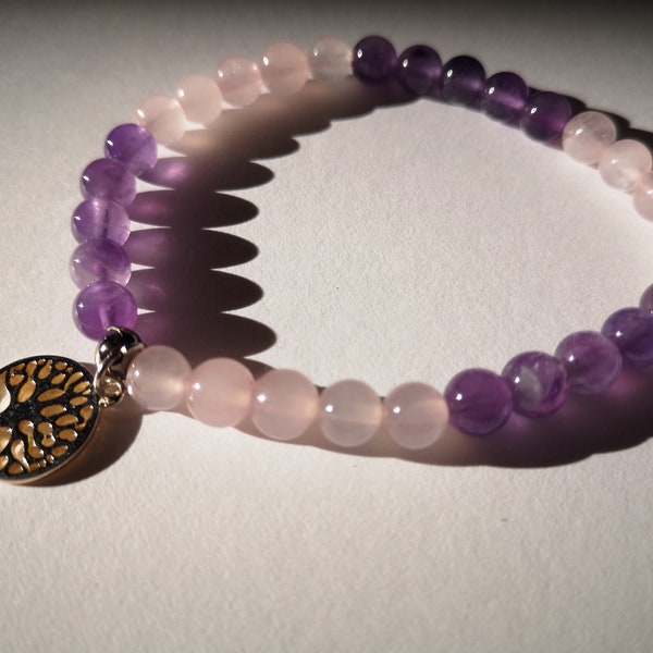 Bracelet améthyste, quartz rose et breloque arbre de vie