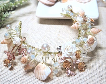 Seashell Pearl and Beads Mermaid Tiara Tropical Style Wedding Bridal Boho Headband Wreath Bejeweled Hair Vine Sea Crown Accessory 8"L