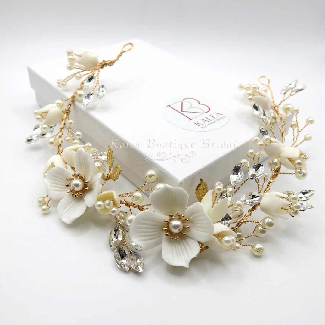 Big White Flower Bridal Tiara, Clay Floral Wedding Headband, Ceramic