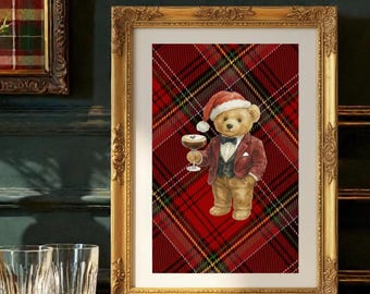 Espresso martini preppy kerstbeer met kerstmutsprint | Digitale download | Traditioneel kerstdecor met Schotse ruit