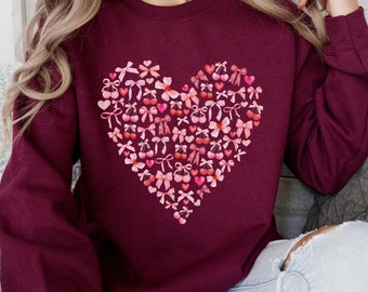 Coquette Valentine's Day Sweatshirt, Heart Bow Cherry Design