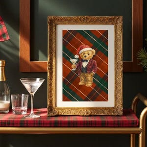 RL Christmas Bear with Martini Print | Digital Download | Traditional Tartan Plaid Christmas Decor