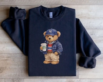 Preppy American Bear Crewneck |Teddy Bear Sweatshirt with NY Baseball Cap and Trendy Coffee