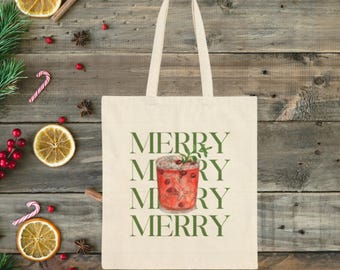 Christmas Cocktail Canvas Tote Bag: Holiday Merry Xmas Design