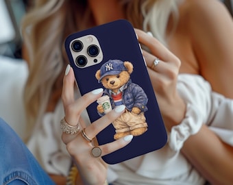 Preppy NY American Teddy Bear with Coffee Phone Case | Trendy Bear Illustration, Old Money Navy iPhone
