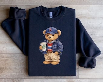 Preppy Boston Bear Crewneck | Polo Style Sweatshirt with Boston Baseball Cap & Coffee
