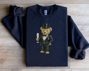 Preppy RL NYE Bear Sweatshirt | RL Style Bear in Black Tux & Top Hat Holding Champagne | New Years Eve Classy Holiday Sweater