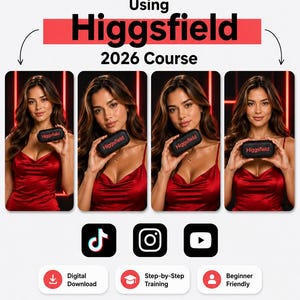 May include: A digital course advertisement titled How to Create Viral Content Using Higgsfield 2026 Course. It features four images of a person in a red dress holding a black case labelled Higgsfield, with icons for TikTok, Instagram, and YouTube.