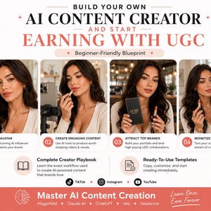 Peut inclure: Un guide numérique intitulé Build Your Own AI Content Creator and Start Earning With UGC. Il présente quatre panneaux montrant une personne avec du rouge à lèvres, un smartphone et une boîte Luxe Beauty, avec du texte sur les avatars IA.