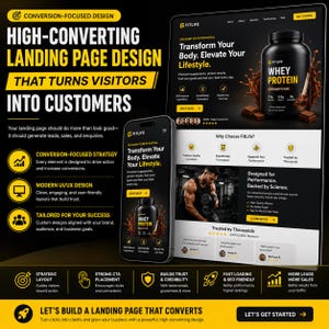 May include: A digital marketing graphic showcasing a high-converting landing page design for FitLife whey protein. The layout features a black and yellow color scheme, displaying a desktop monitor and a smartphone screen with product imagery.