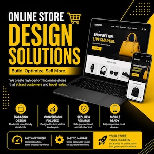 Op de afbeelding: Een digitale marketingafbeelding met een laptop en smartphone die een e-commerce website tonen. De tekst luidt: ONLINE STORE DESIGN SOLUTIONS, Build. Optimize. Sell More., SHOP BETTER. LIVE SMARTER. en YOUR STORE. YOUR SUCCESS. met diverse iconen.
