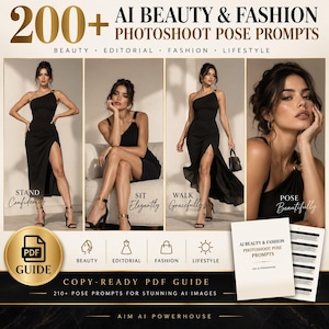 Puede incluir: Una guía PDF digital titulada 200+ AI Beauty & Fashion Photoshoot Pose Prompts que presenta cuatro paneles de un modelo con un vestido negro de un solo hombro demostrando técnicas de pose para fotografía de belleza y moda.