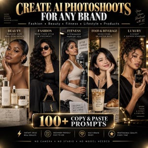 May include: A promotional graphic titled CREATE AI PHOTOSHOOTS FOR ANY BRAND featuring five vertical panels showcasing beauty, fashion, fitness, food, and luxury themes with various models and products, including text overlays and a 100+ copy and paste prompts banner.