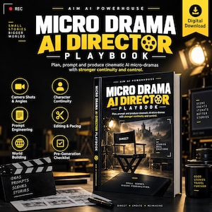 Könnte beinhalten: Ein digitaler Download-Leitfaden mit dem Titel Micro Drama AI Director Playbook. Das Cover zeigt einen schwarzen Regiestuhl, eine Schlossillustration und den Text Plan, prompt and produce cinematic AI micro-dramas.