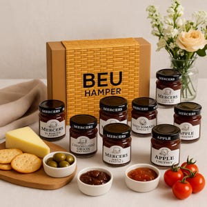 May include: A hamper labelled "BEU HAMPER" containing jars of preserves, chutneys, and relishes, alongside cheese, crackers, olives, and tomatoes. The jars have black lids and white labels with the "Mercers" brand.