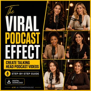 May include: A digital guide titled The Viral Podcast Effect Create Talking Head Podcast Videos with a step-by-step guide and digital download icon. The graphic features six diverse individuals speaking into black microphones in a studio setting.