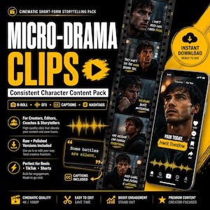 Micro Drama Video Clips, Consistent Character B Roll, SFX, Captions, Hashtags, TikTok Reels Shorts Content Creator Pack